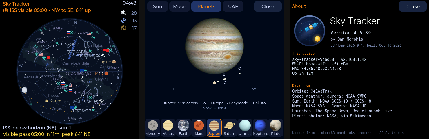 The sky map, a planet card and the About page